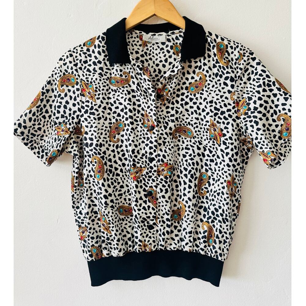 Vintage Animal Print Polo Shirts Womens Size small Black/White Jewel Print Retro
